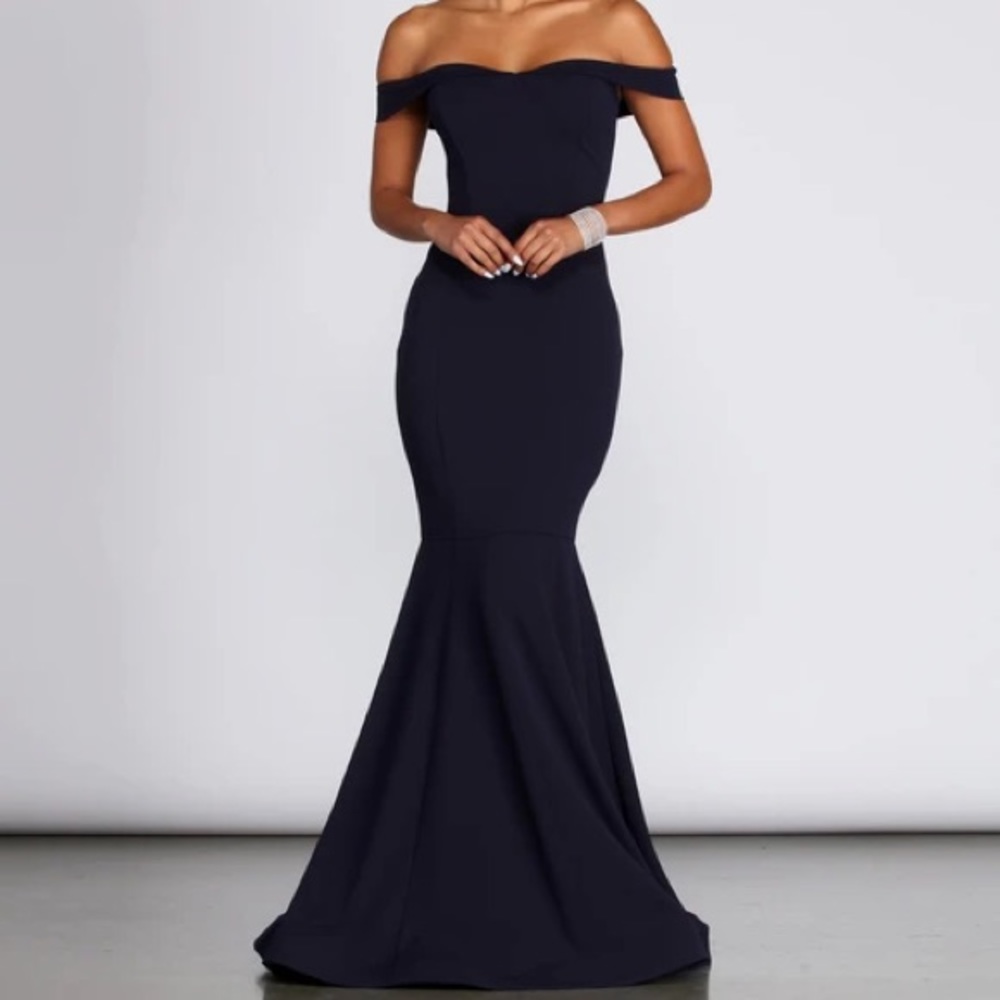 Navy Blue Mermaid off the shoulder gown